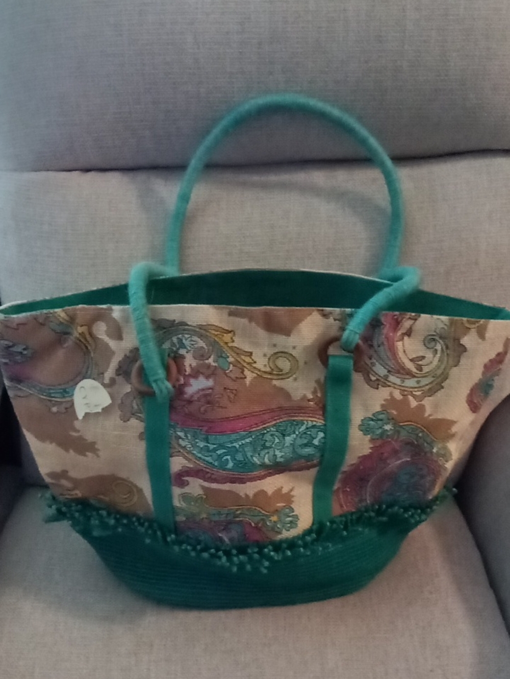 Teal Paisley Canvas Tote Bag with Beaded Trim